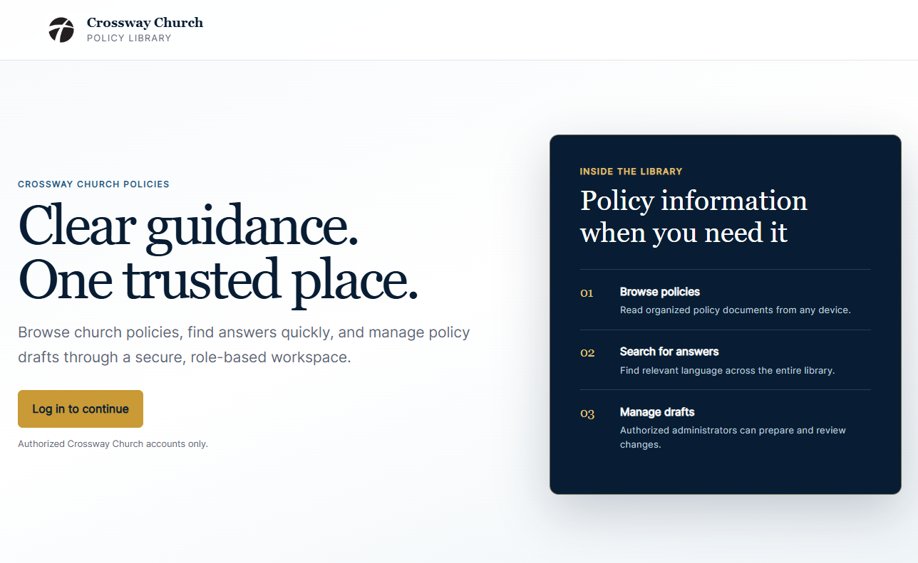 Screenshot of the Crossway Church Policy Library website